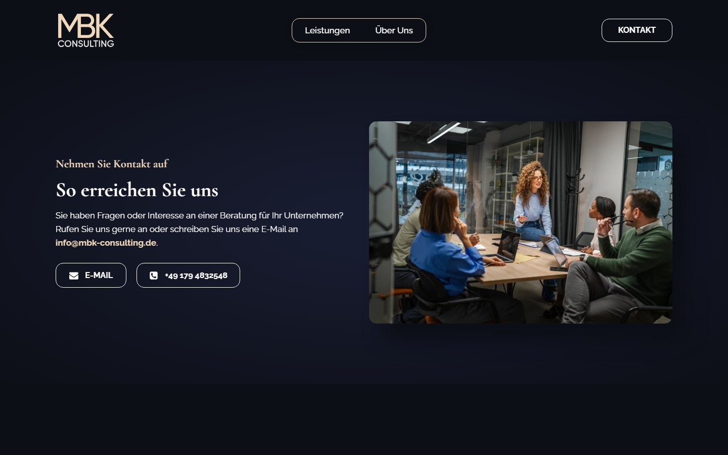 Website von MBK-CONSULTING – Desktopansicht: Kontakt