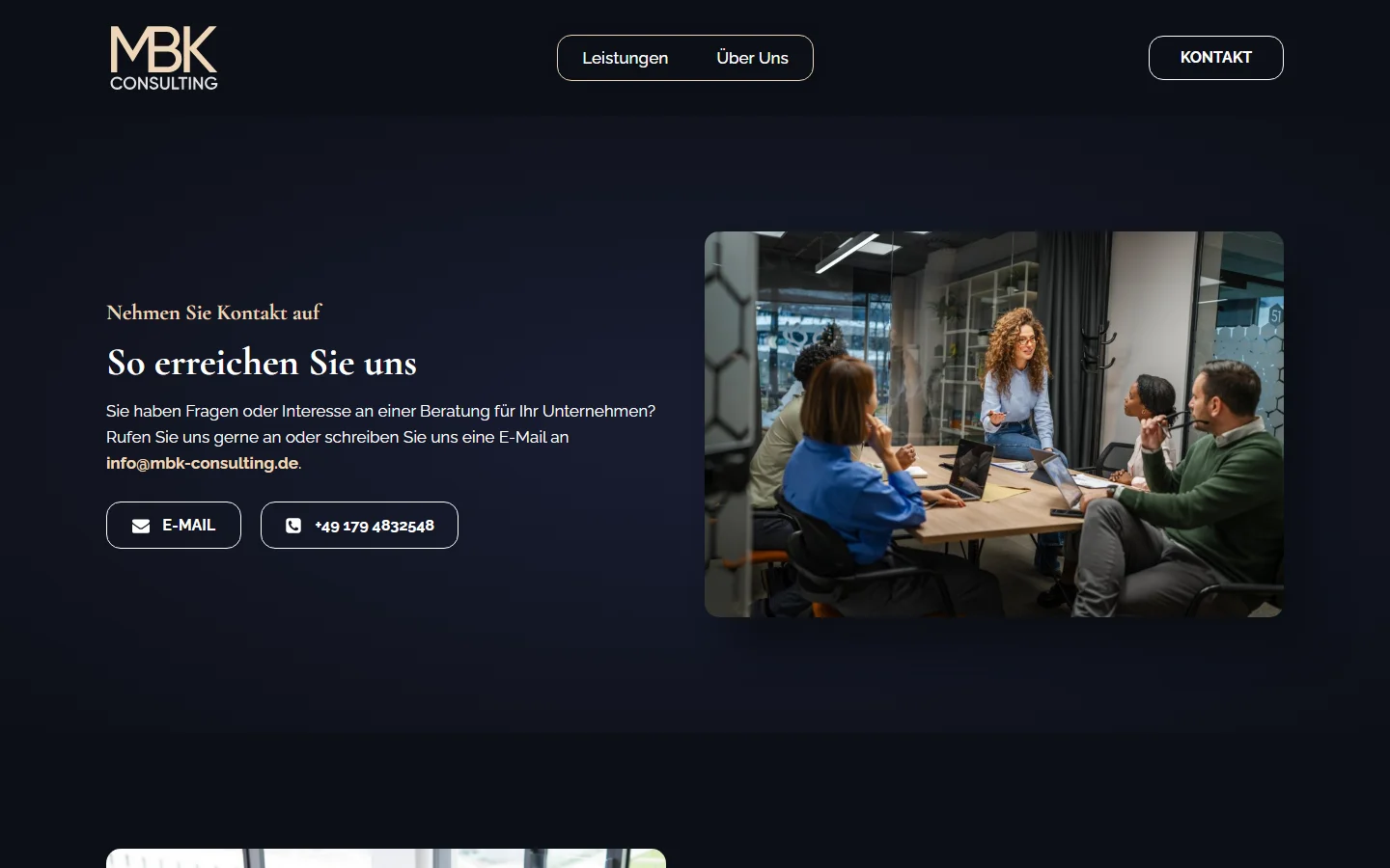 Website von MBK-CONSULTING – Desktopansicht: Nehmen Sie Kontakt auf