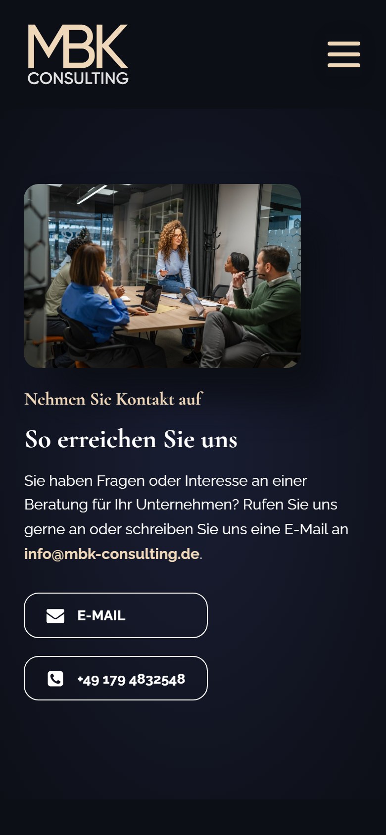 Website von MBK-CONSULTING – Handyansicht: Kontakt