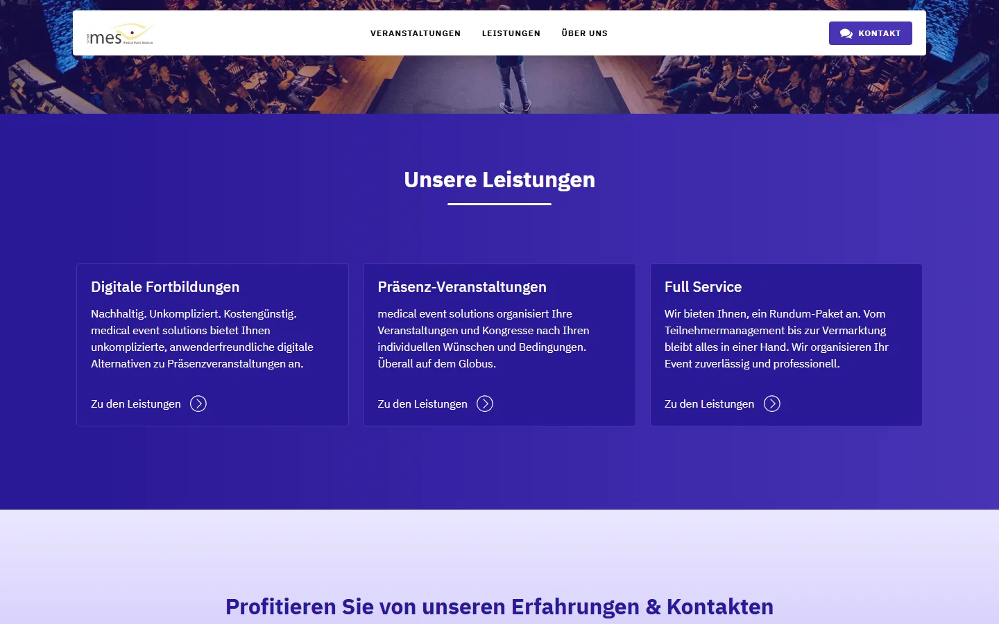 Website von medical event solutions GmbH – Desktopansicht: Unsere Leistungen