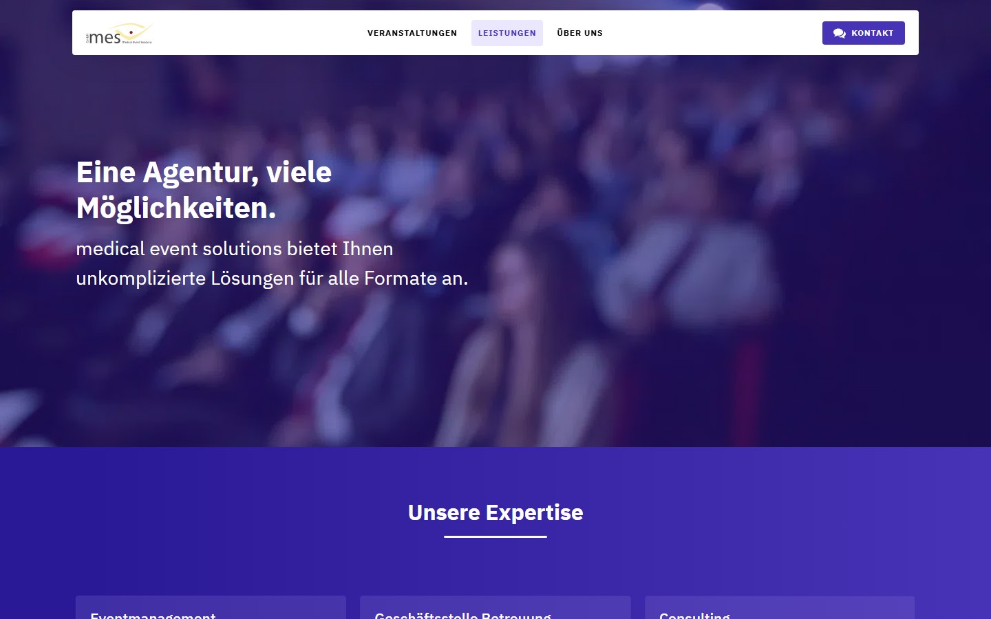 Website von medical event solutions GmbH – Desktopansicht: Leistungen