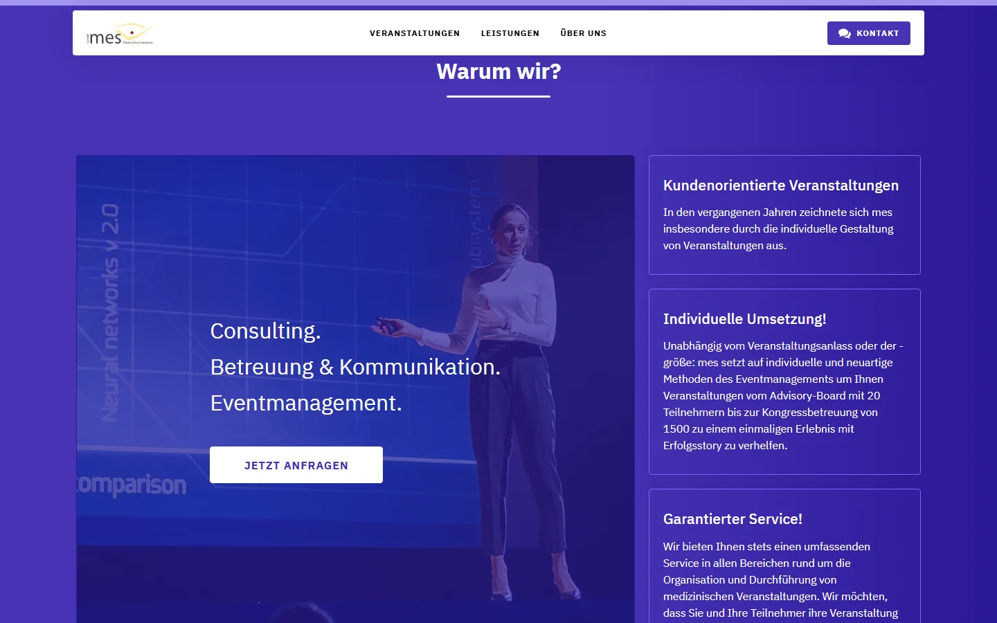 Website von medical event solutions GmbH – Desktopansicht: Warum wir?