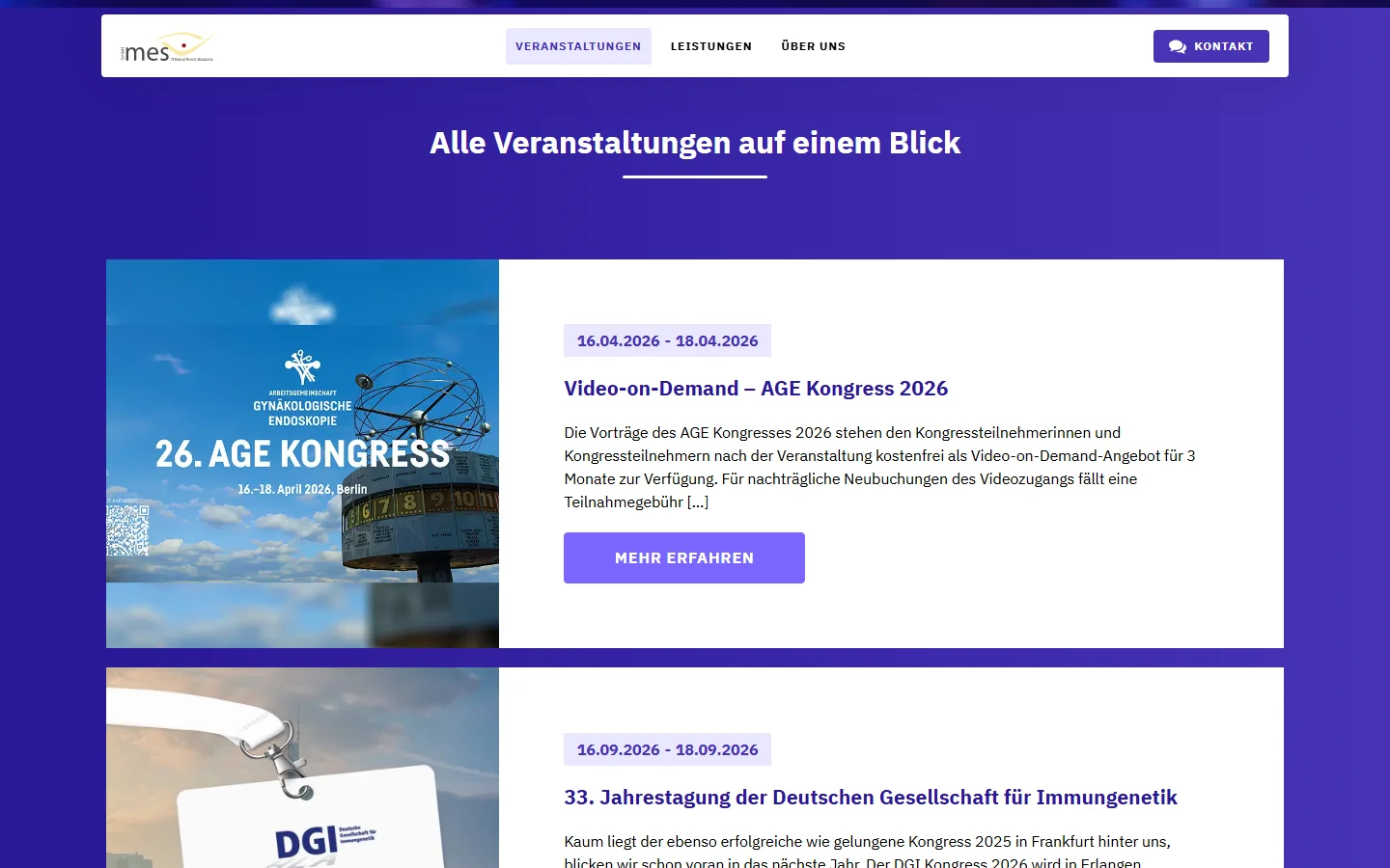 Website von medical event solutions GmbH – Desktopansicht: Alle Veranstaltungen auf einem Blick