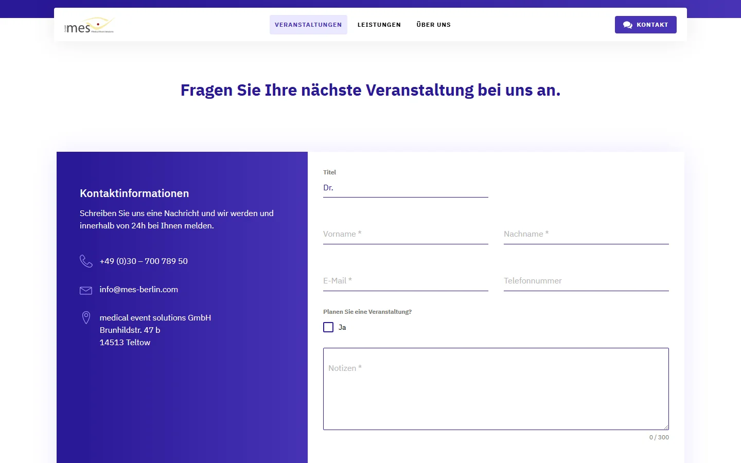Website von medical event solutions GmbH – Desktopansicht: Fragen Sie Ihre nächste Veranstaltung bei uns an.