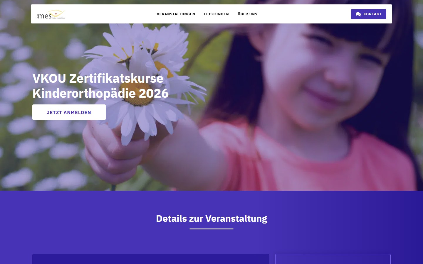 Website von medical event solutions GmbH – Desktopansicht: VKOU Zertifikatskurse Kinderorthopädie 2026