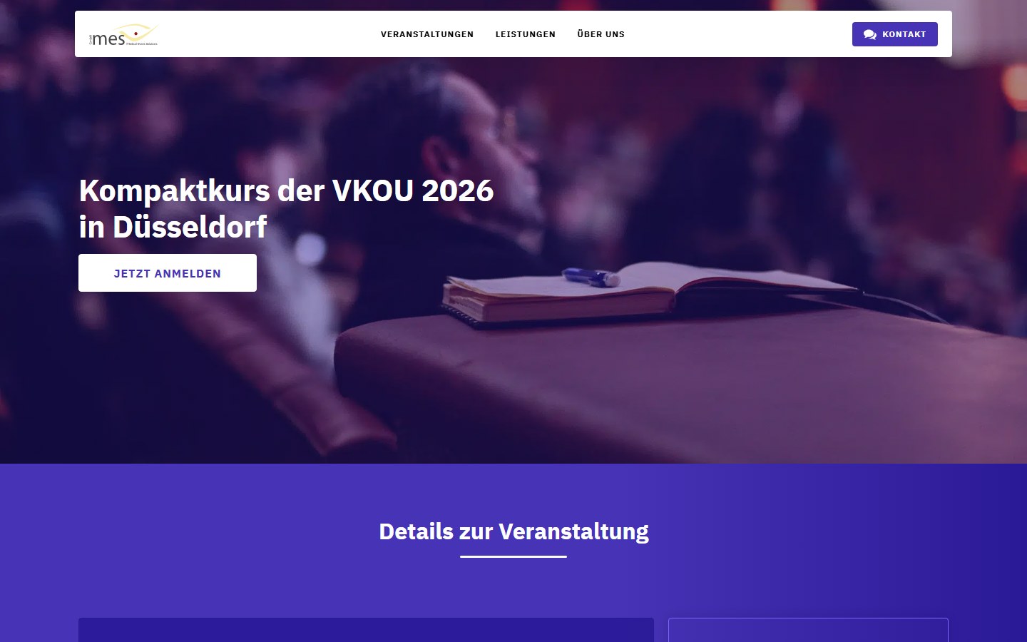 Website von medical event solutions GmbH – Desktopansicht: Kompaktkurs der VKOU 2026 in Düsseldorf