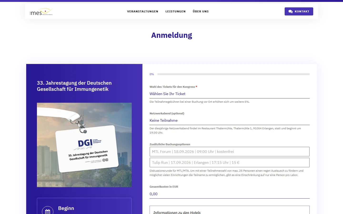 Website von medical event solutions GmbH – Desktopansicht: Anmeldung