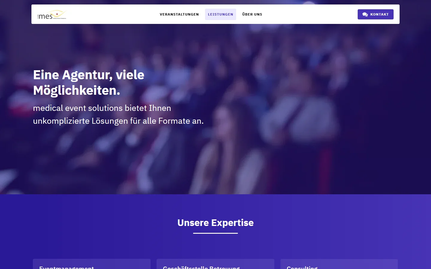 Website von medical event solutions GmbH – Desktopansicht: Eine Agentur, viele Möglichkeiten.