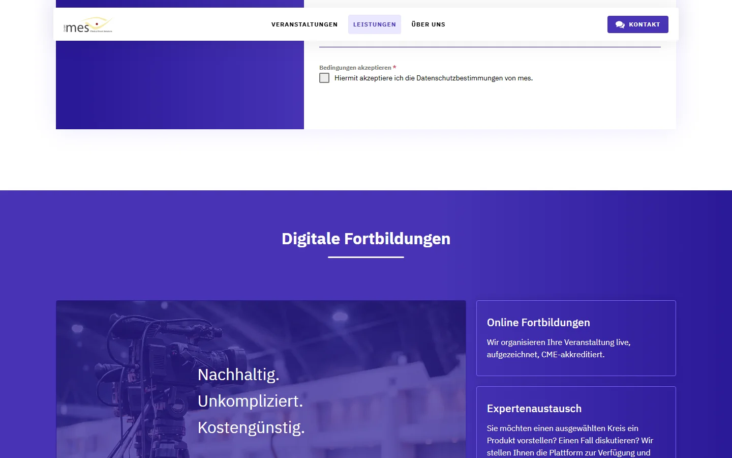 Website von medical event solutions GmbH – Desktopansicht: Digitale Fortbildungen