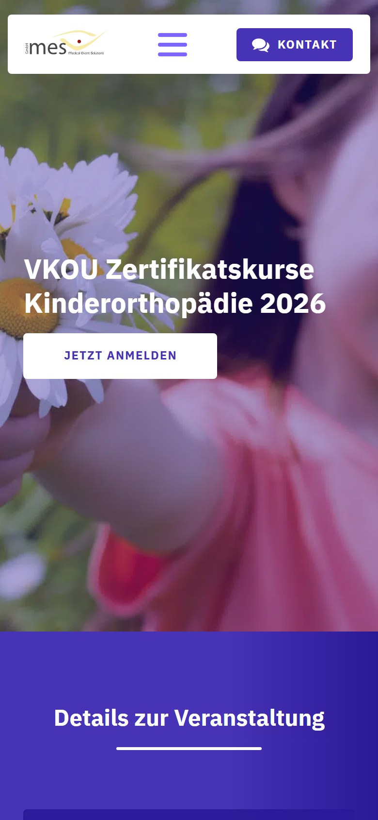 Website von medical event solutions GmbH – Handyansicht: VKOU Zertifikatskurse Kinderorthopädie 2026