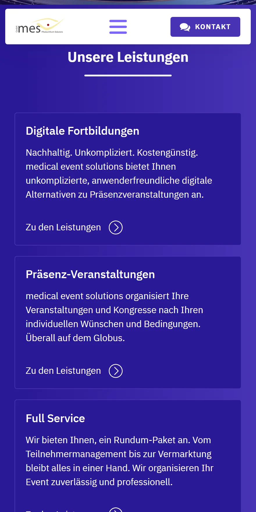 Website von medical event solutions GmbH – Handyansicht: Unsere Leistungen