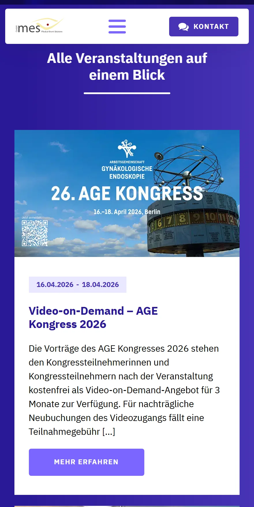 Website von medical event solutions GmbH – Handyansicht: Alle Veranstaltungen auf einem Blick