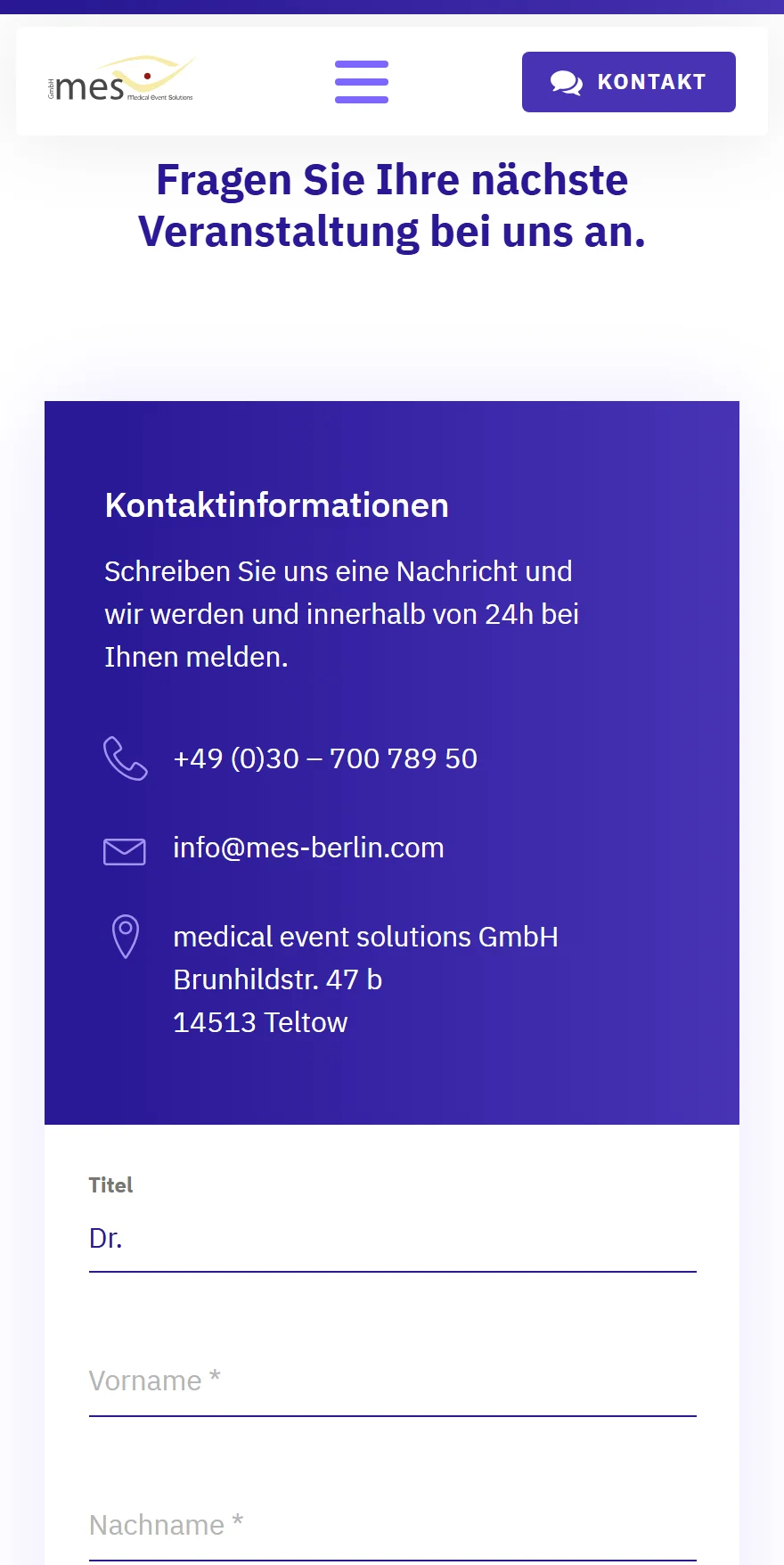 Website von medical event solutions GmbH – Handyansicht: Fragen Sie Ihre nächste Veranstaltung bei uns an.