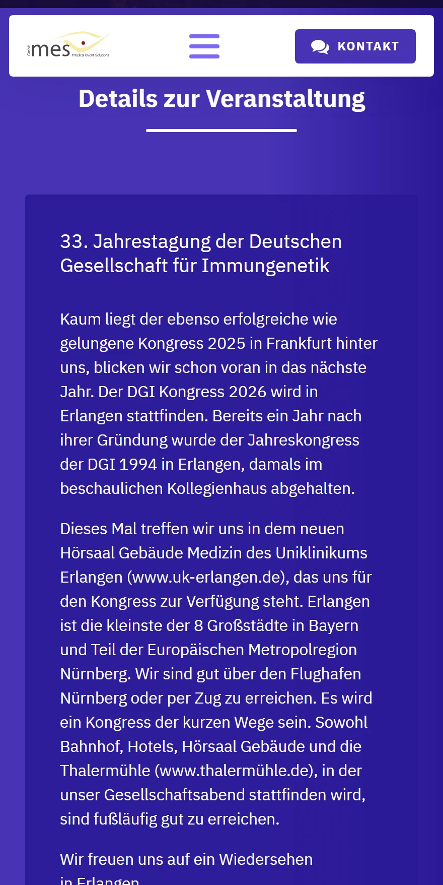 Website von medical event solutions GmbH – Handyansicht: Details zur Veranstaltung