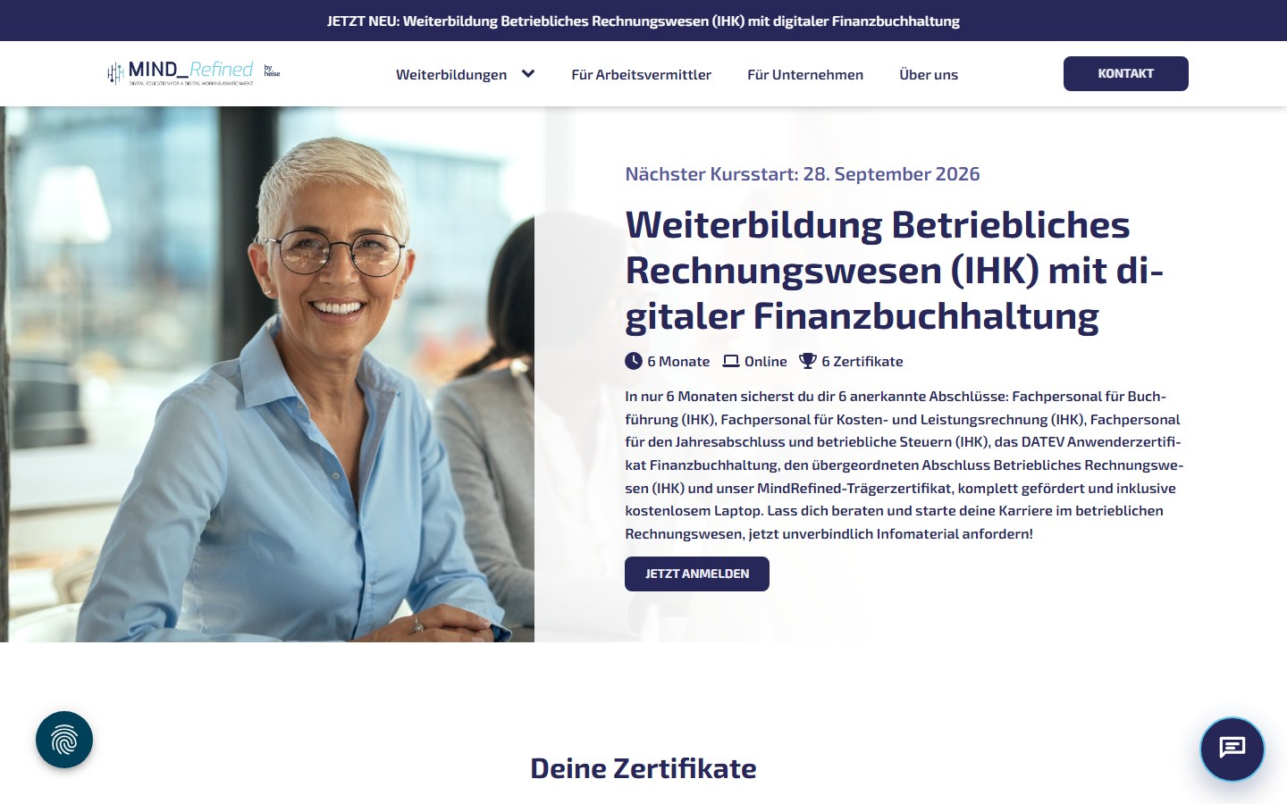 Website von MindRefined GmbH – Desktopansicht: Weiterbildung Betriebliches Rechnungswesen (IHK) mit digital