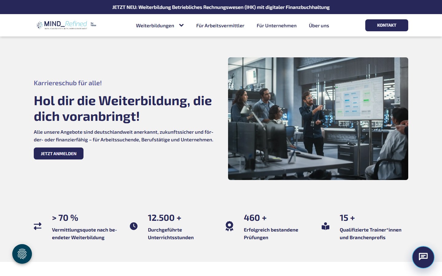 Website von MindRefined GmbH – Desktopansicht: Weiterbildungen in Cyber Security