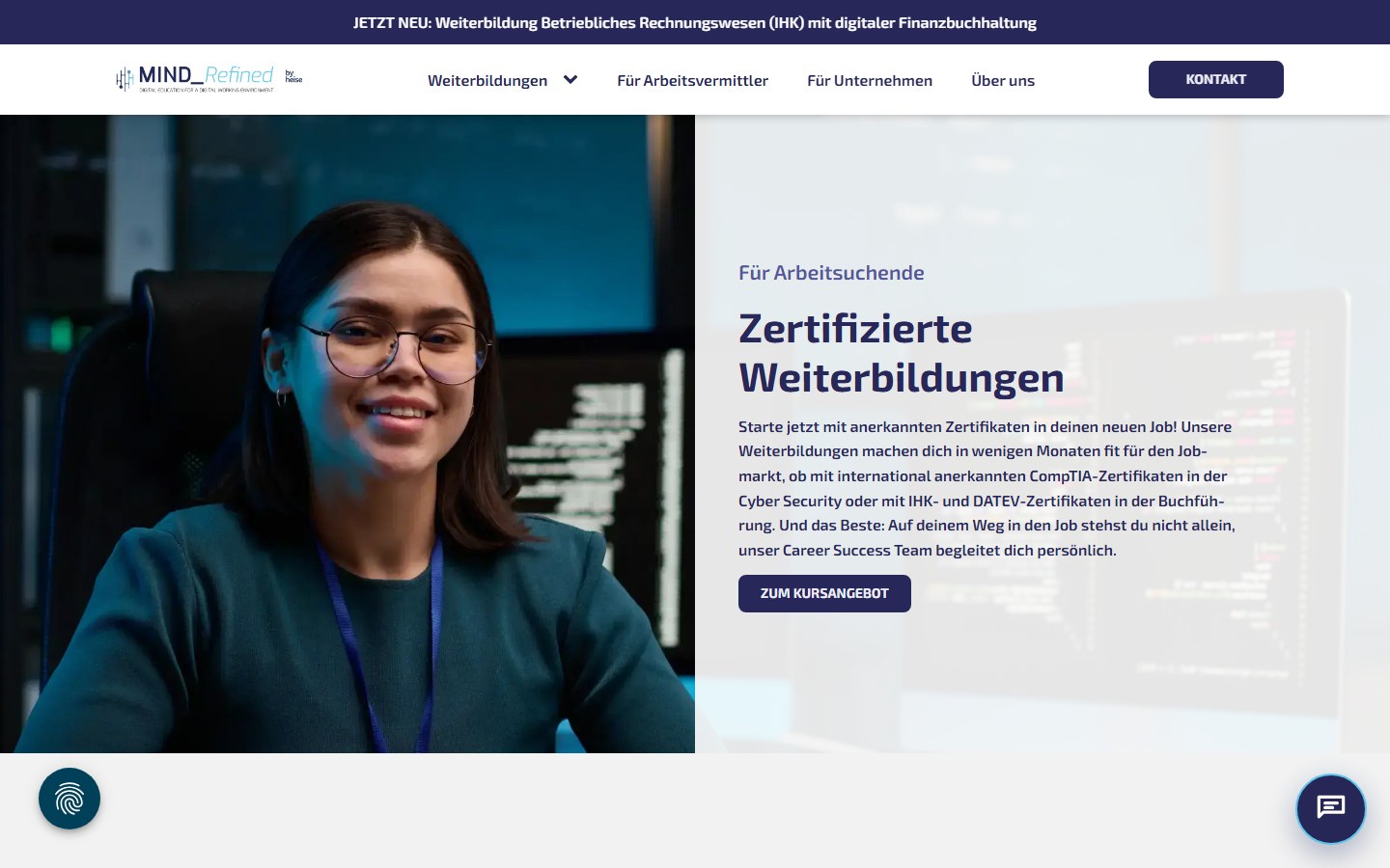 Website von MindRefined GmbH – Desktopansicht: Cyber Security Weiterbildung für Arbeitssuchende