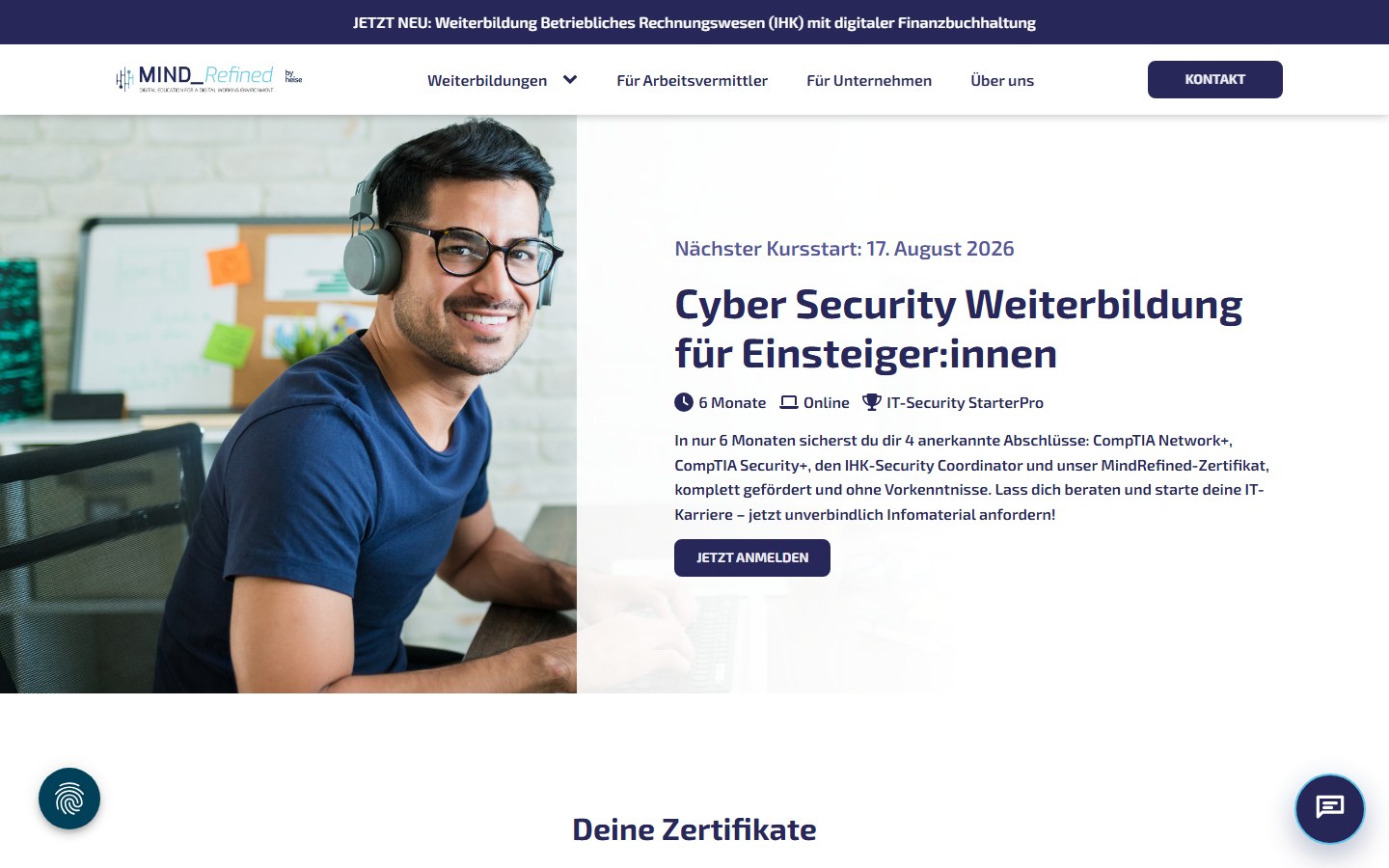Website von MindRefined GmbH – Desktopansicht: Cyber Security Weiterbildung für Einsteiger:innen