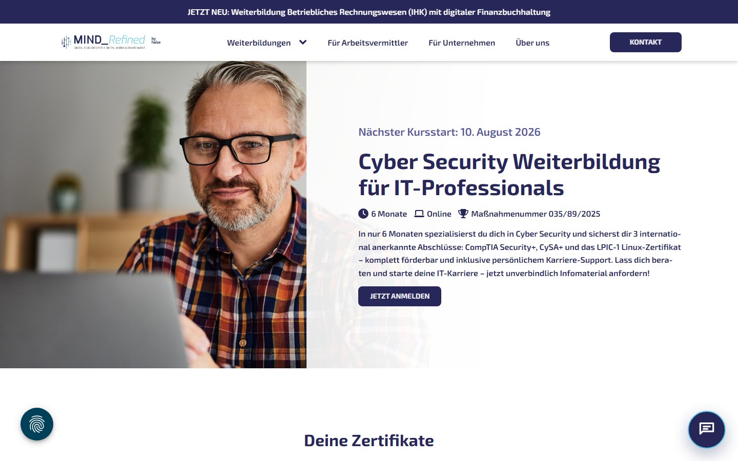 Website von MindRefined GmbH – Desktopansicht: Cyber Security Weiterbildung für IT-Professionals