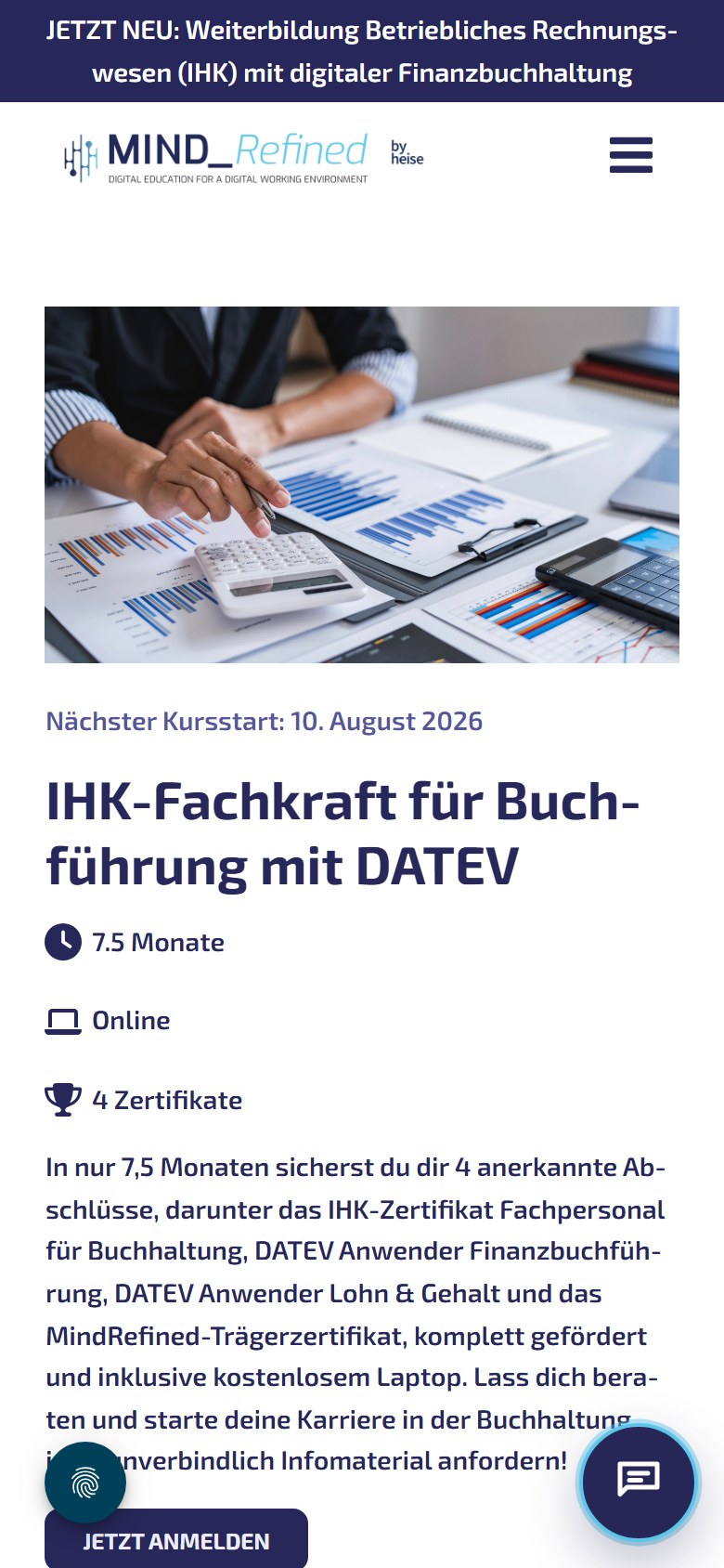 Website von MindRefined GmbH – Handyansicht: IHK-Fachkraft für Buchführung mit DATEV