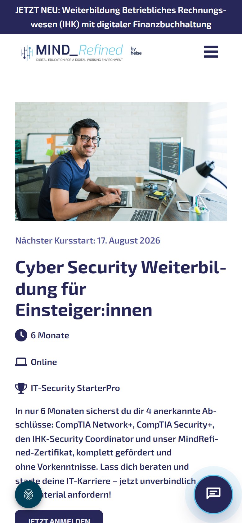 Website von MindRefined GmbH – Handyansicht: Cyber Security Weiterbildung für Einsteiger:innen