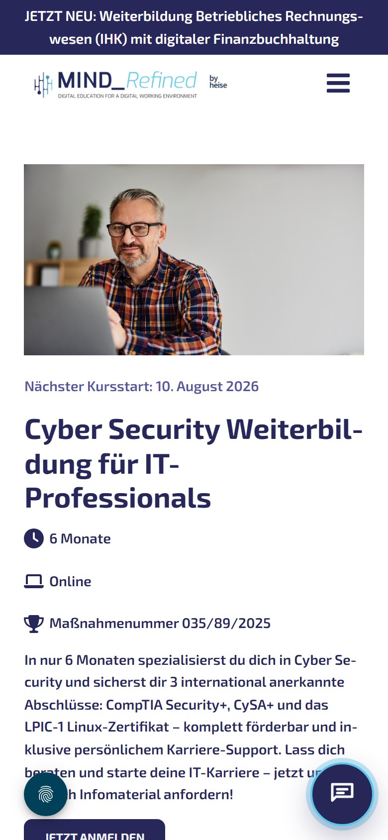 Website von MindRefined GmbH – Handyansicht: Cyber Security Weiterbildung für IT-Professionals