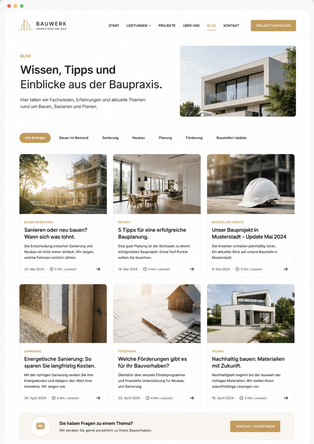 Mockup einer Website für ein Bauunternehmen - zu sehen ist die Blog Archiv-Seite