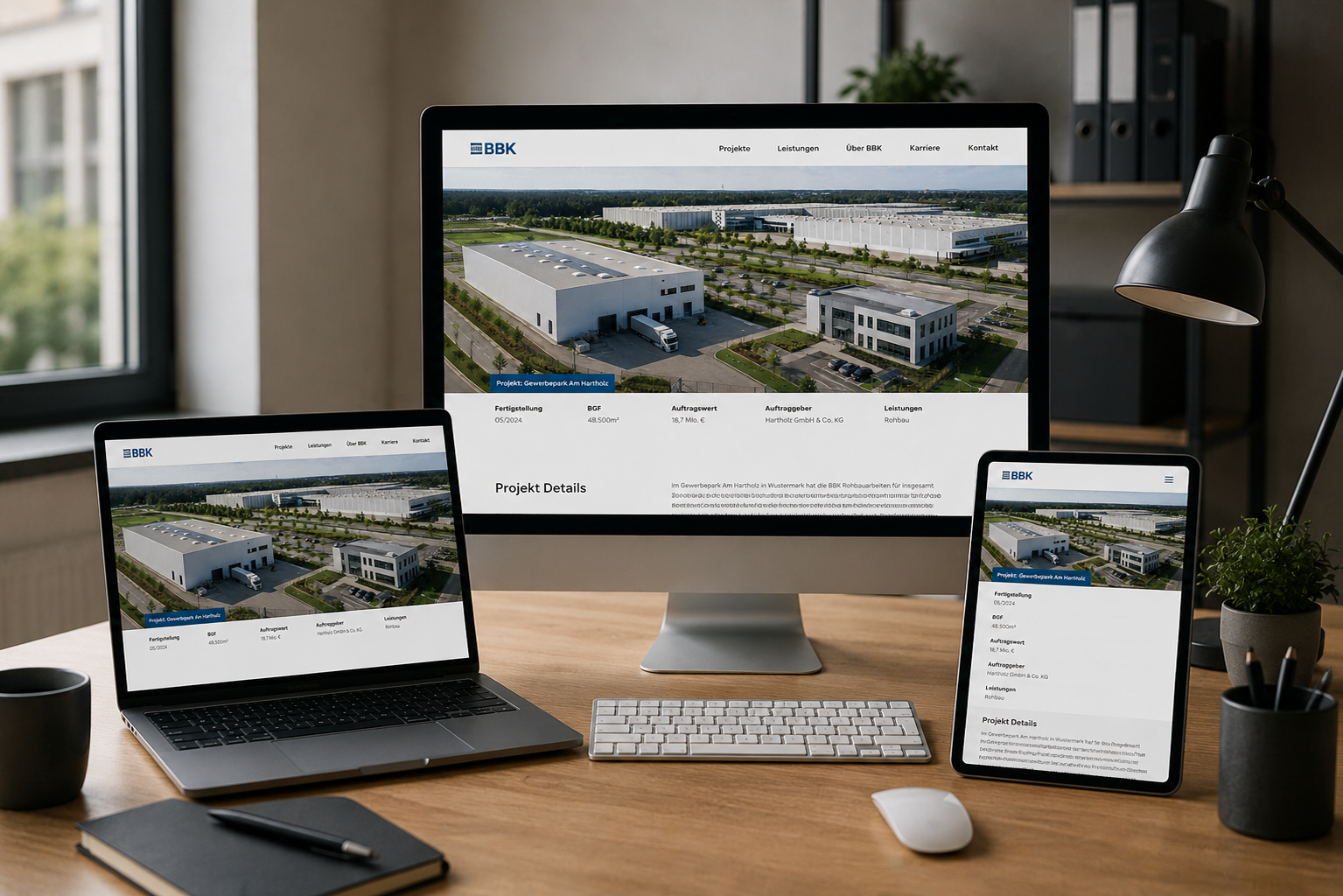 Ein Laptop, iMac und Tablet auf dem die Website von Boermann Baukontor zu sehen ist als Mockup