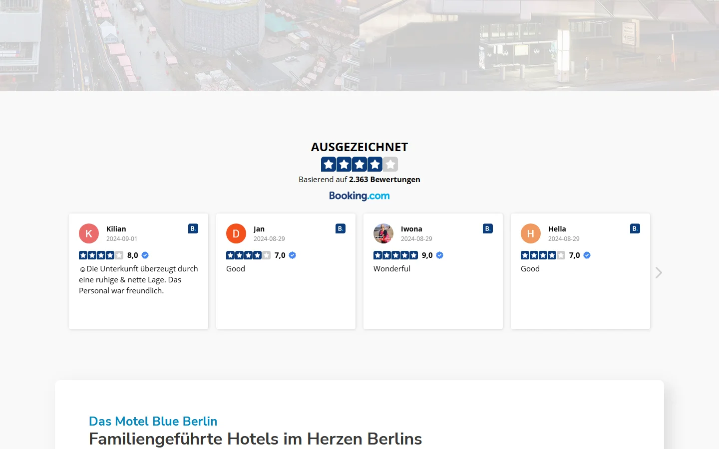 Website von Motel Blue – Desktopansicht