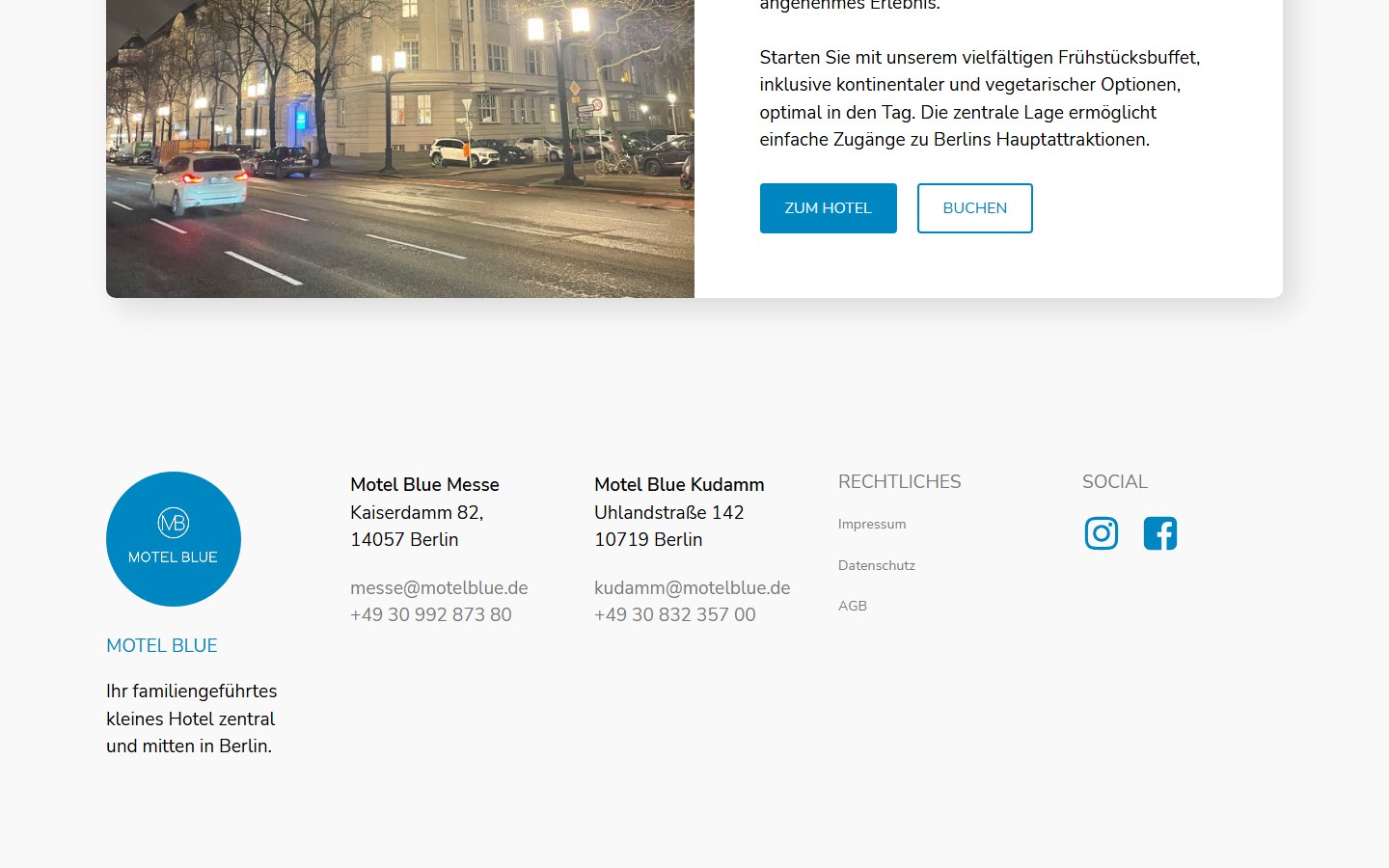 Website von Motel Blue – Desktopansicht