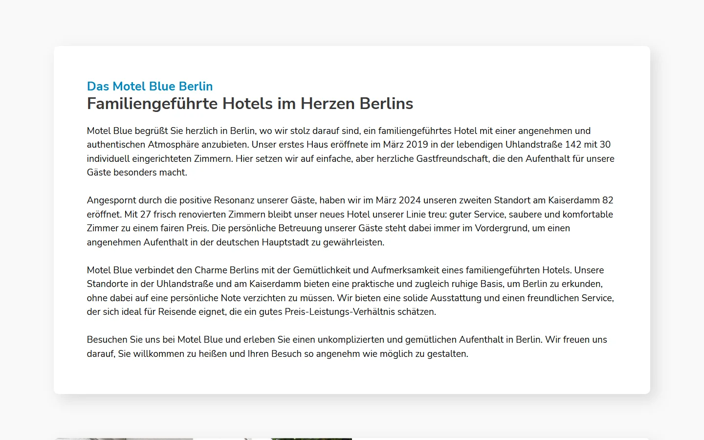 Website von Motel Blue – Desktopansicht: Das Motel Blue Berlin