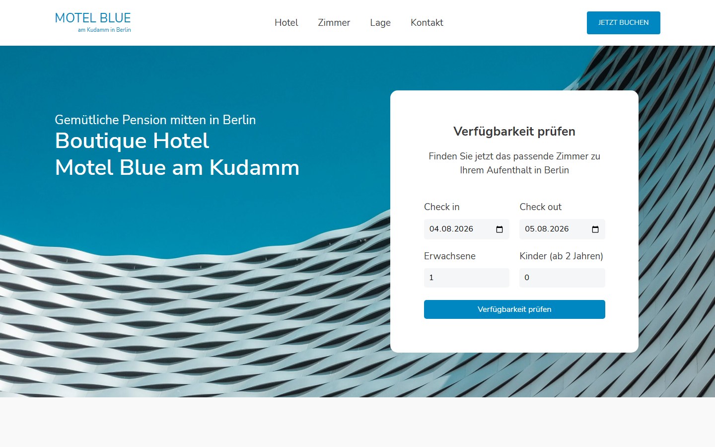 Website von Motel Blue – Desktopansicht: Motel Blue Hotel am Kudamm