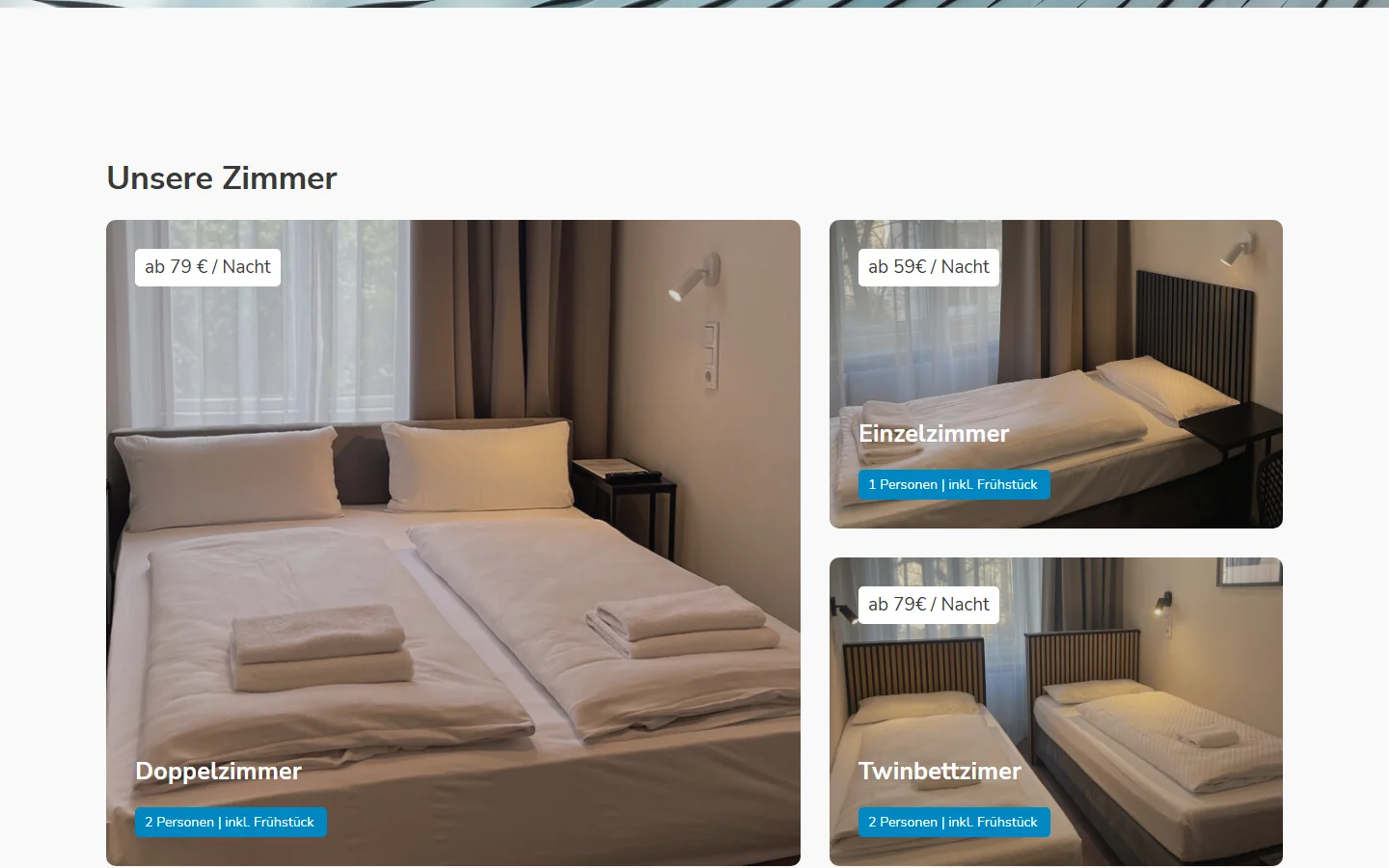 Website von Motel Blue – Desktopansicht: Unsere Zimmer