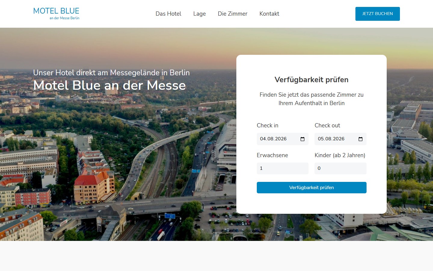 Website von Motel Blue – Desktopansicht: Motel Blue Hotel an der Messe Berlin