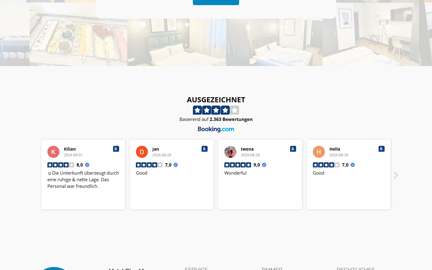 Website von Motel Blue – Desktopansicht: Motel Blue Hotel an der Messe Berlin