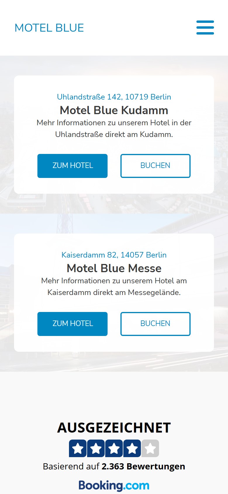 Website von Motel Blue – Handyansicht