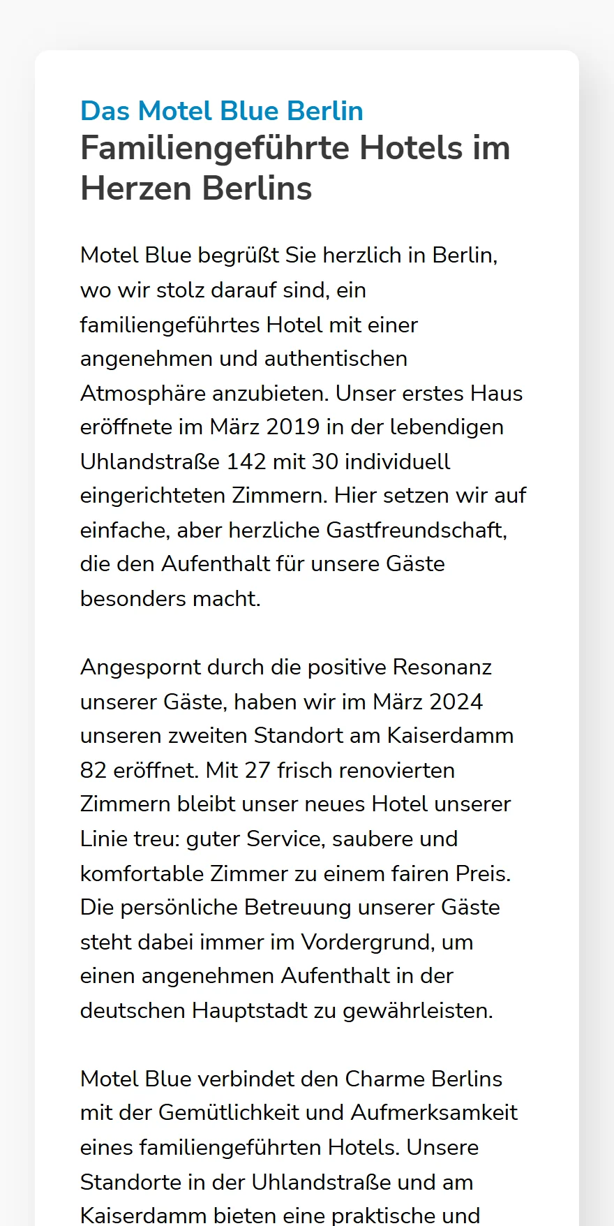 Website von Motel Blue – Handyansicht: Das Motel Blue Berlin