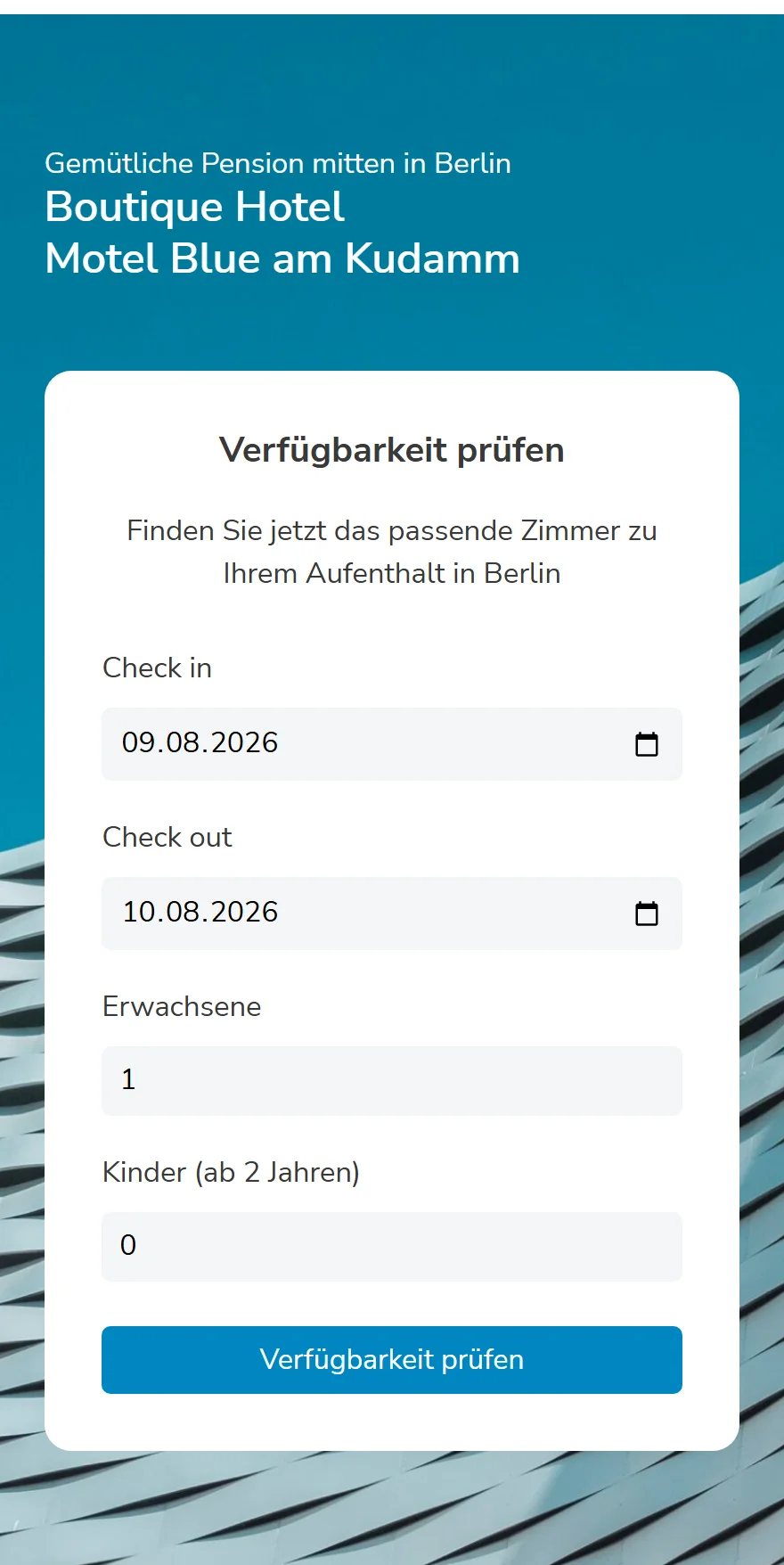 Website von Motel Blue – Handyansicht: Gemütliche Pension mitten in Berlin