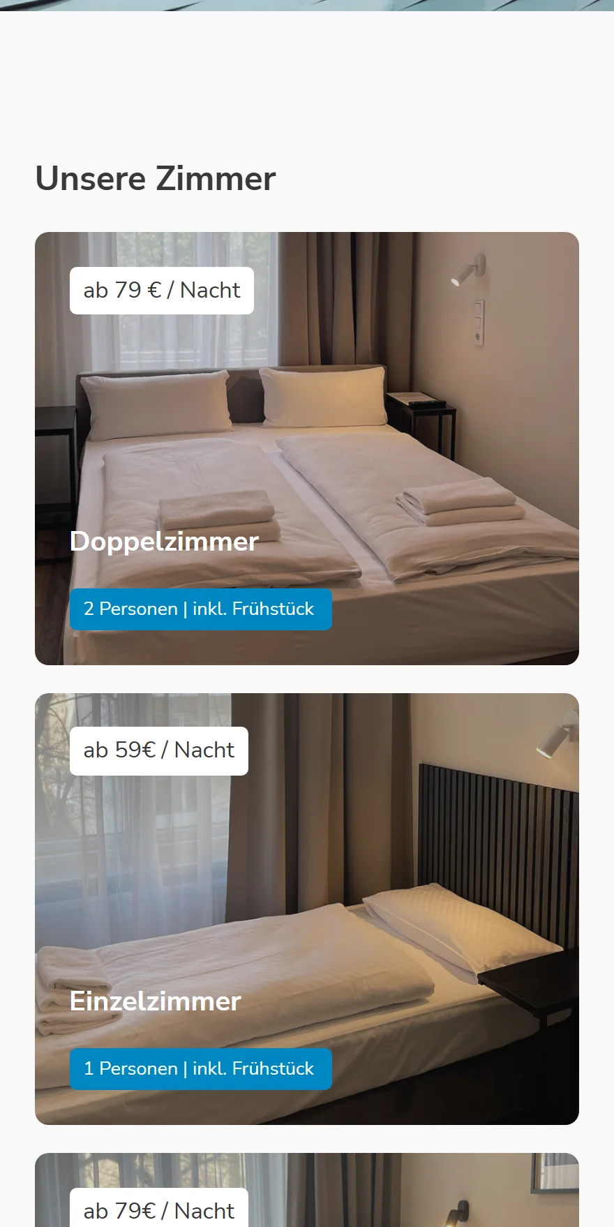 Website von Motel Blue – Handyansicht: Unsere Zimmer