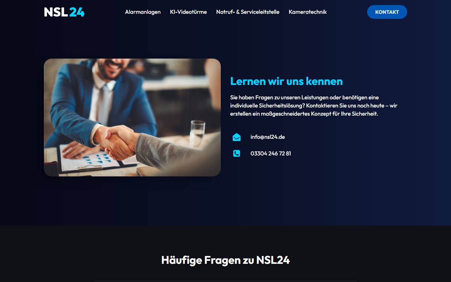 Website von NSL24 Sicherheitslösungen – Desktopansicht: Kontakt NSL24 Sicherheitsdienst Beratung & Angebot