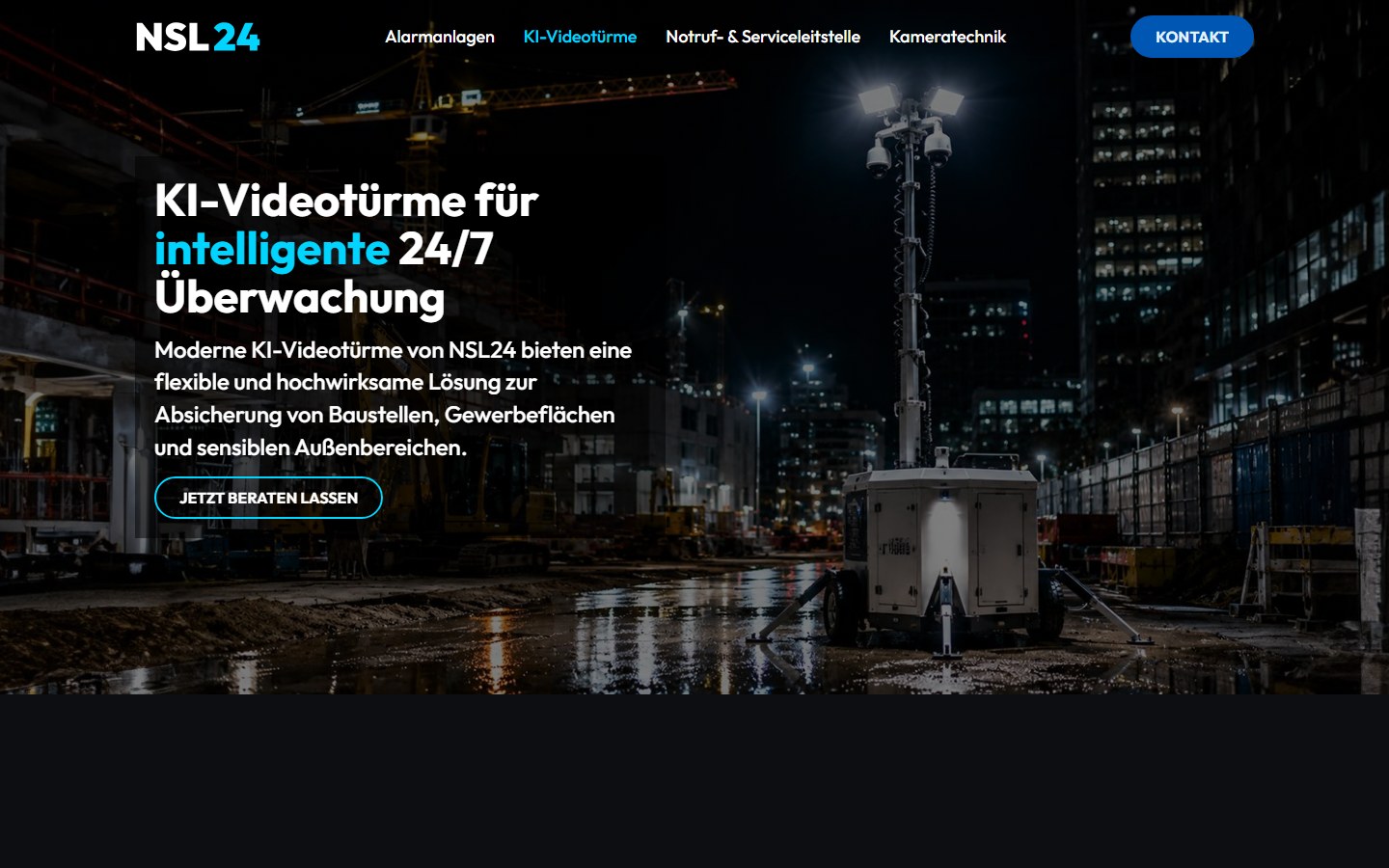 Website von NSL24 Sicherheitslösungen – Desktopansicht: KI-Videotürme Baustellenüberwachung