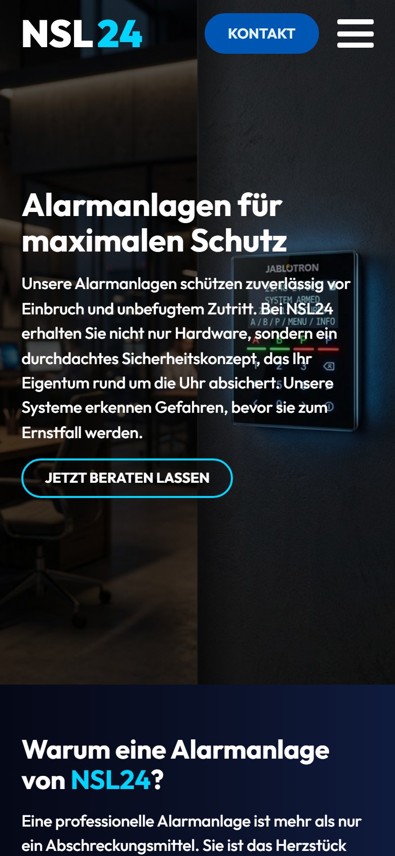 Website von NSL24 Sicherheitslösungen – Handyansicht: Alarmanlagen für Privat & Gewerbe