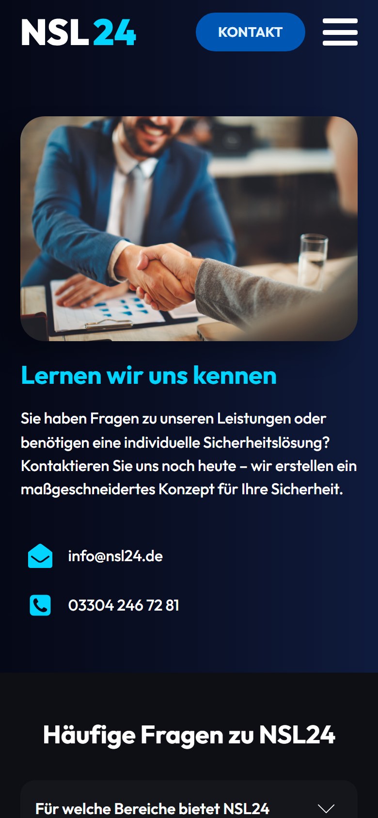 Website von NSL24 Sicherheitslösungen – Handyansicht: Kontakt NSL24 Sicherheitsdienst Beratung & Angebot