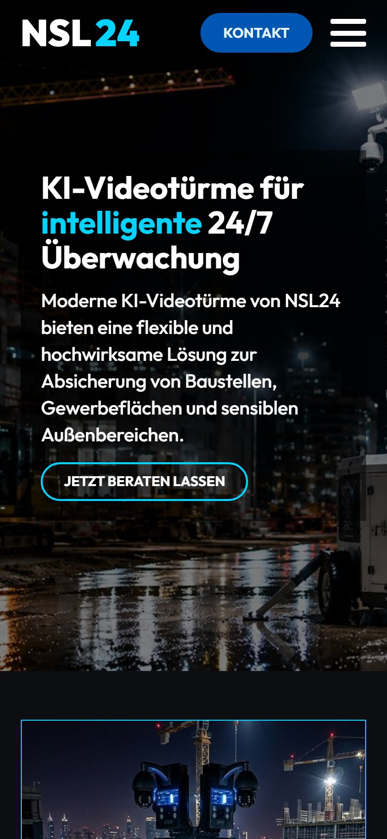 Website von NSL24 Sicherheitslösungen – Handyansicht: KI-Videotürme Baustellenüberwachung