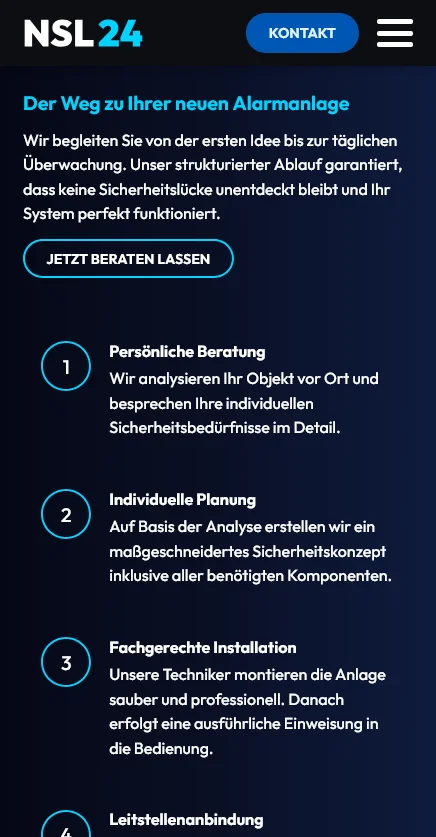 Website von NSL24 Sicherheitslösungen – Handyansicht