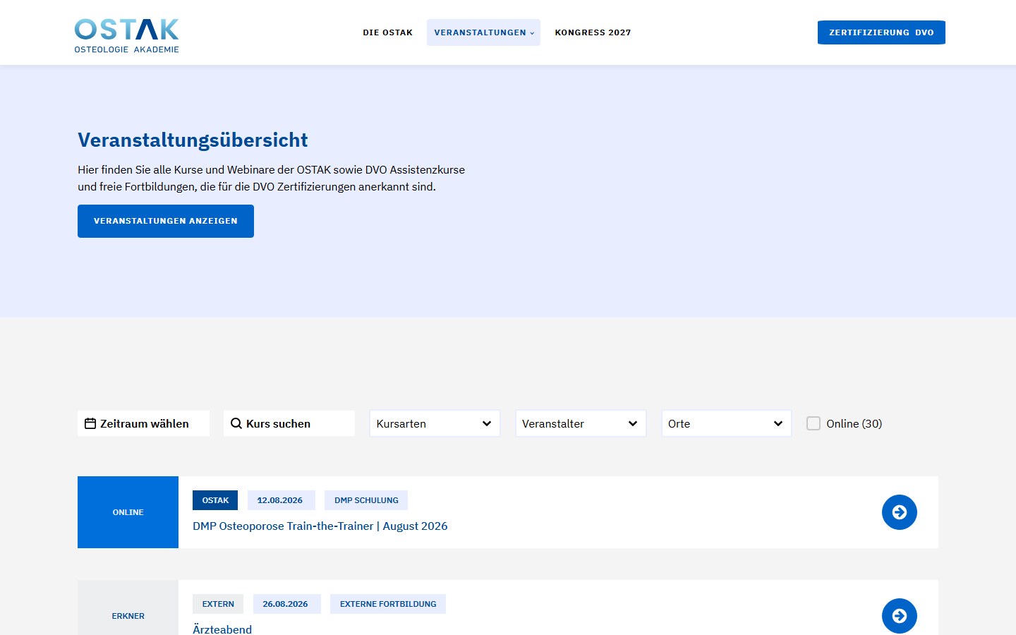 Website von OSTAK Osteologie Akademie GmbH – Desktopansicht: Veranstaltungen