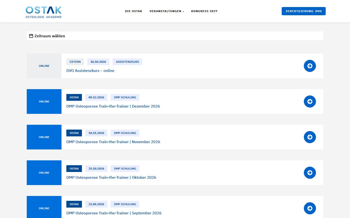 Website von OSTAK Osteologie Akademie GmbH – Desktopansicht: Online – OSTAK Osteologie Akademie