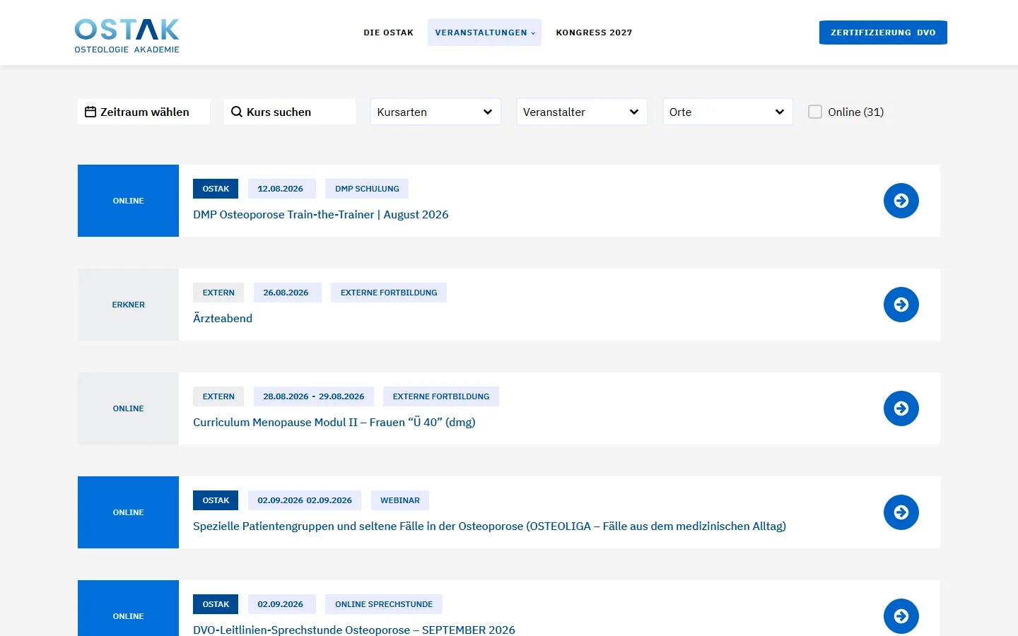Website von OSTAK Osteologie Akademie – Desktopansicht: DMP Osteoporose Train-the-Trainer | August 2026