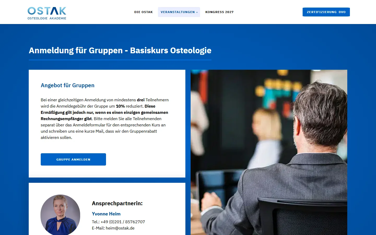 Website von OSTAK Osteologie Akademie – Desktopansicht: Anmeldung für Gruppen - Basiskurs Osteologie