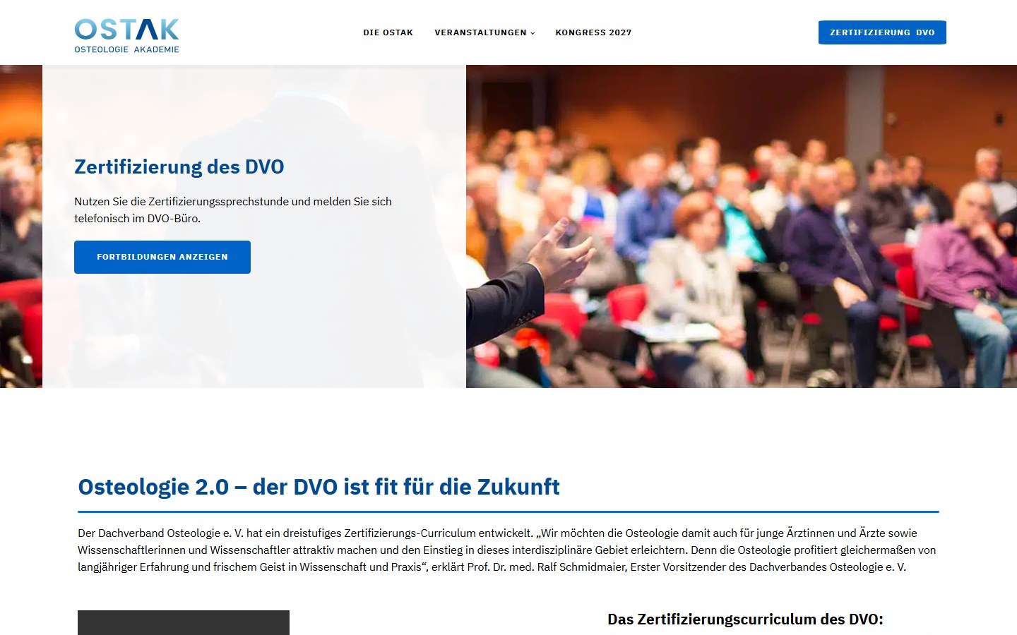 Website von OSTAK Osteologie Akademie GmbH – Desktopansicht: Zertifizierung der DVO